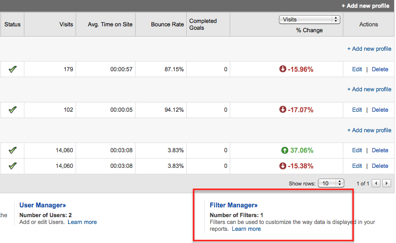 filter manager setting google analytics