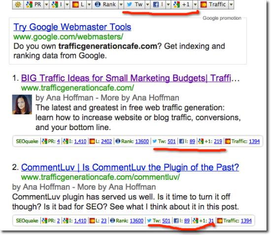 seoquake results for trafficgenerationcafe