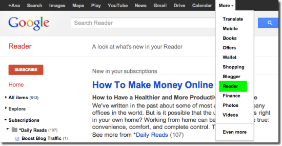 google reader menu
