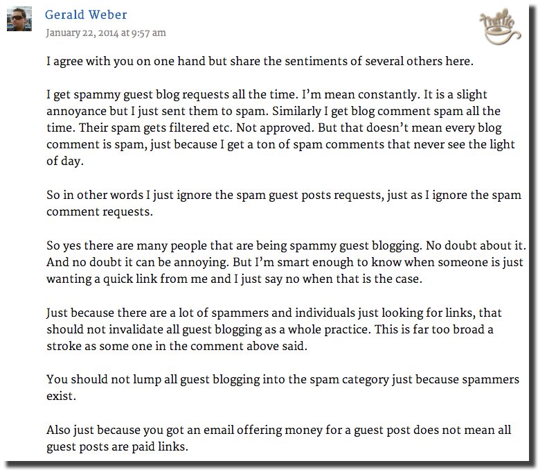 matt cutts stick a fork in guest blogging: gerald's comment