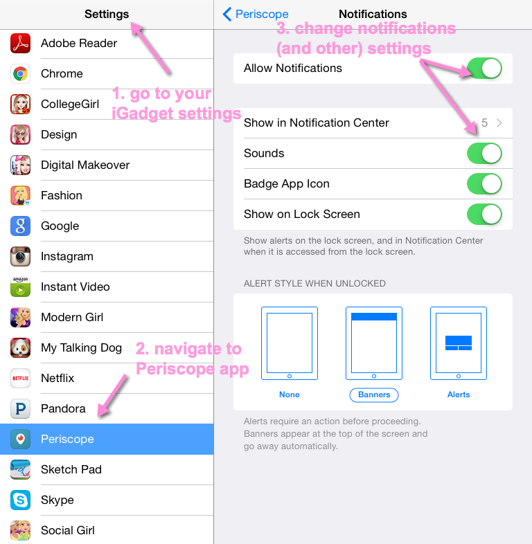 Periscope global settings: allow notifications