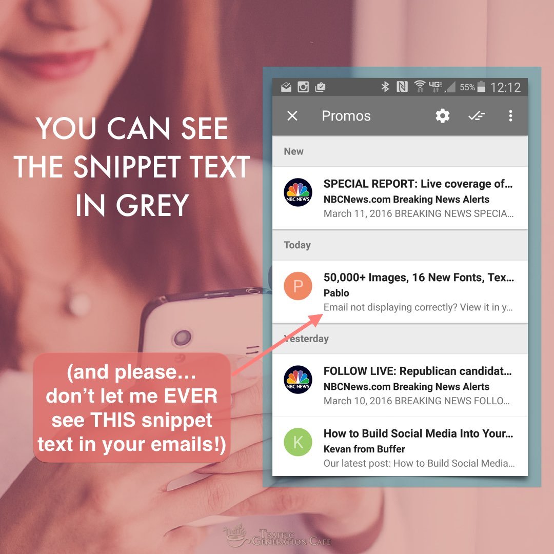 Mobile friendly email: you can see snippet text in grey