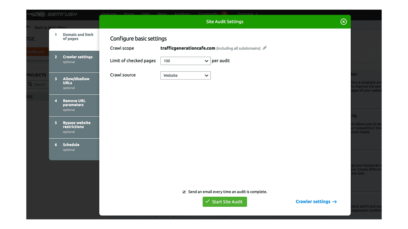 Customize your SEMrush Site Audit settings