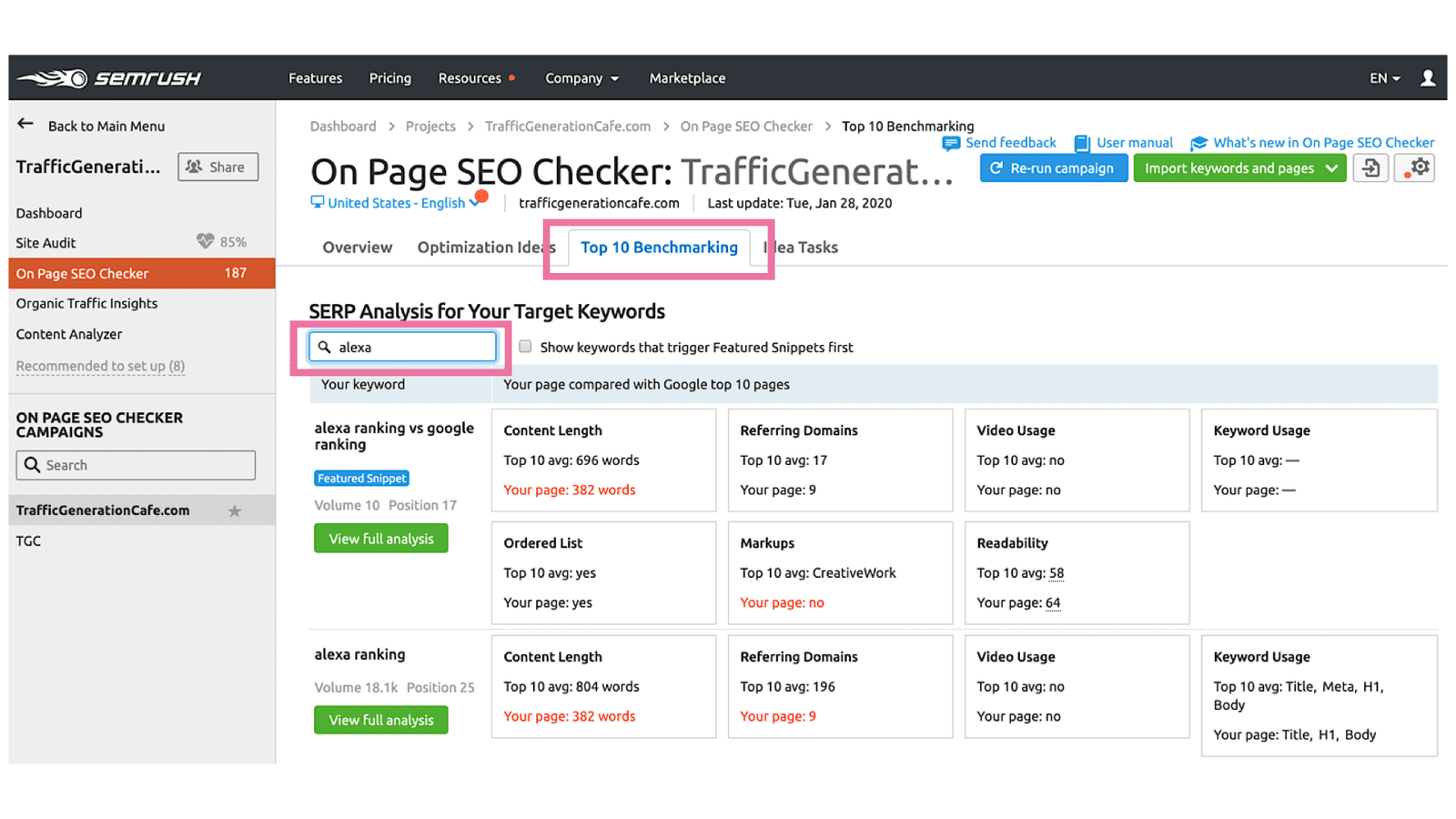 What Top 10 Benchmarking tab in SEMrush On Page SEO Checker can do