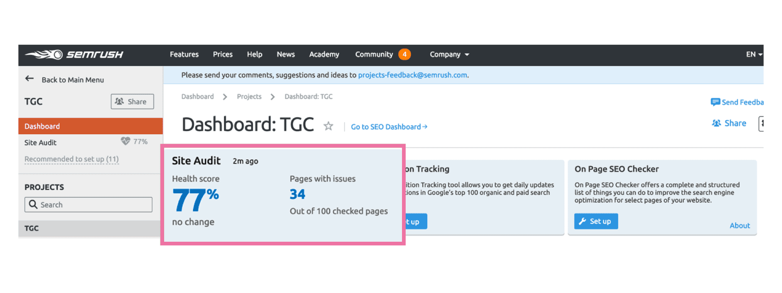 What SEMrush Site Audit looks like in Project Dashboard