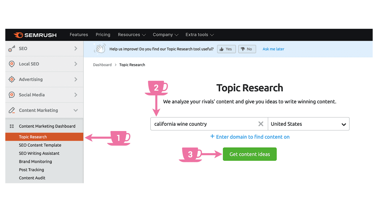 Start Topic Research in SEMrush review